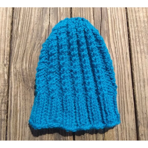 Women's Handmade Alpaca Beanie Twisted Rib Hat Wool Cap Skully Turquoise Blue - Picture 5 of 9